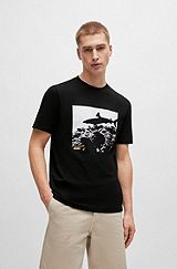 Regular-fit T-shirt van katoenen jersey met nieuwe print, Zwart