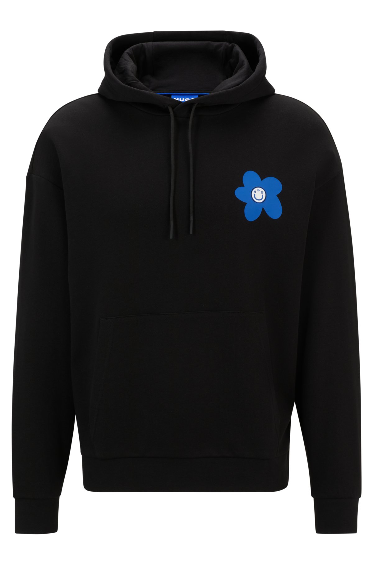 Cotton-terry regular-fit hoodie with flower artwork, Black