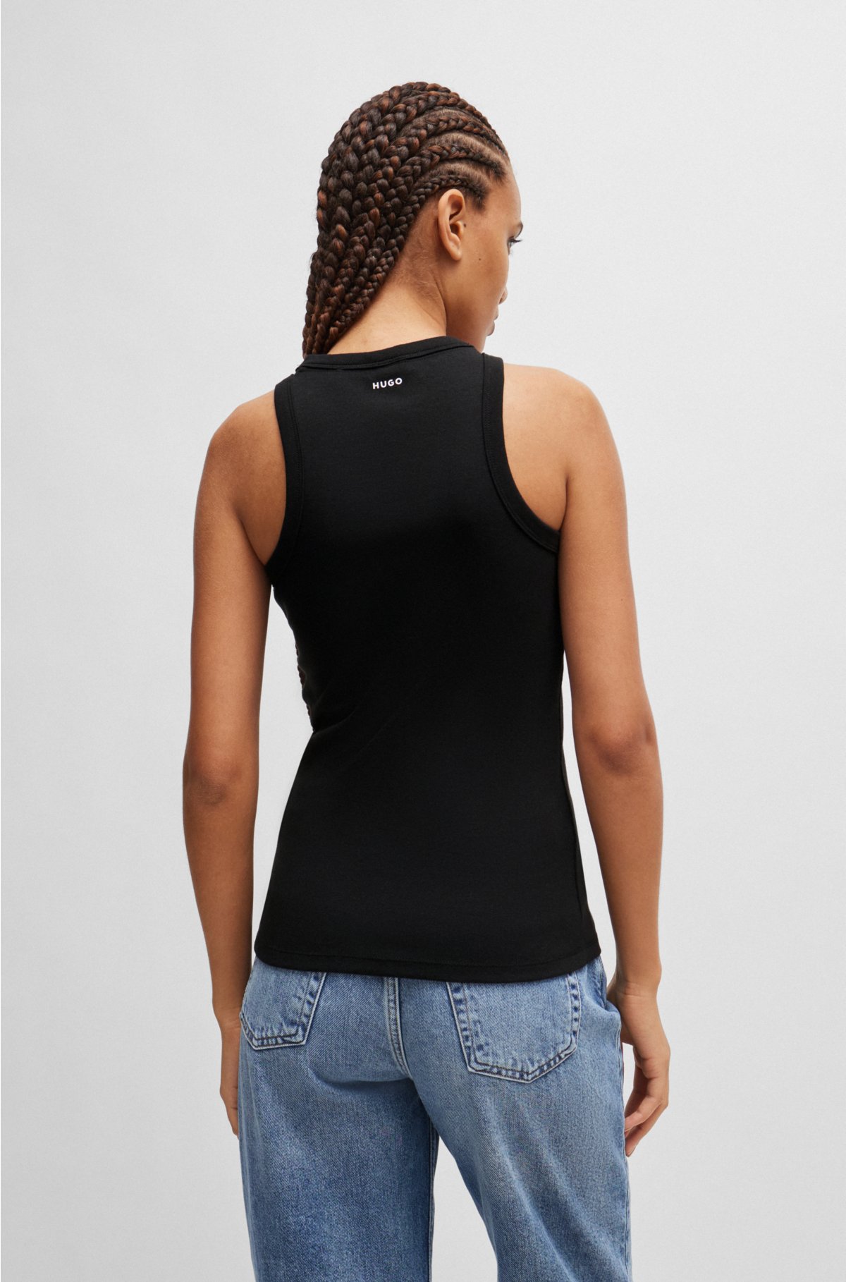 Ribbed cotton-blend tank top with logo print, Black