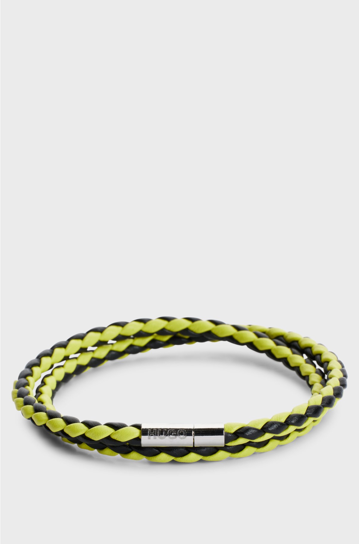 Double-wrap two-tone cuff in braided Italian leather, Yellow