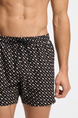 Fully lined quick-dry swim shorts with monogram print, Black