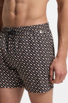 Fully lined quick-dry swim shorts with monogram print, Black