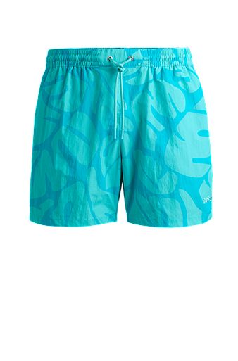 Quick-dry swim shorts with seasonal pattern, Turquoise
