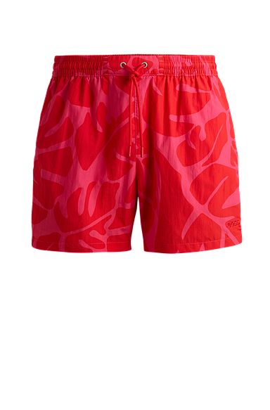 Quick-dry swim shorts with seasonal pattern, Red