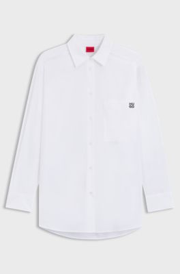 Oversized-fit blouse in cotton canvas with embroidered logo, White