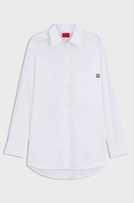 Oversized-fit blouse in cotton canvas with embroidered logo, White