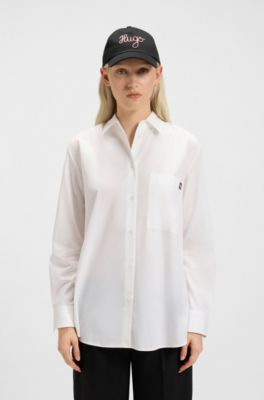 Oversized-fit blouse in cotton canvas with embroidered logo, White