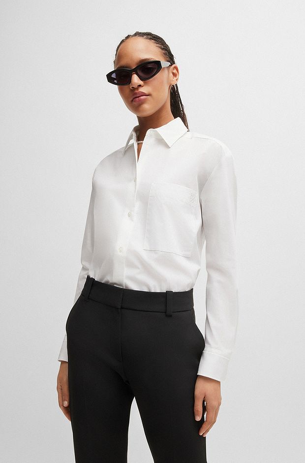 Oversized-fit blouse in cotton canvas with point collar, White