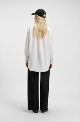 Camicetta oversize in tela di cotone con logo ricamato, Bianco