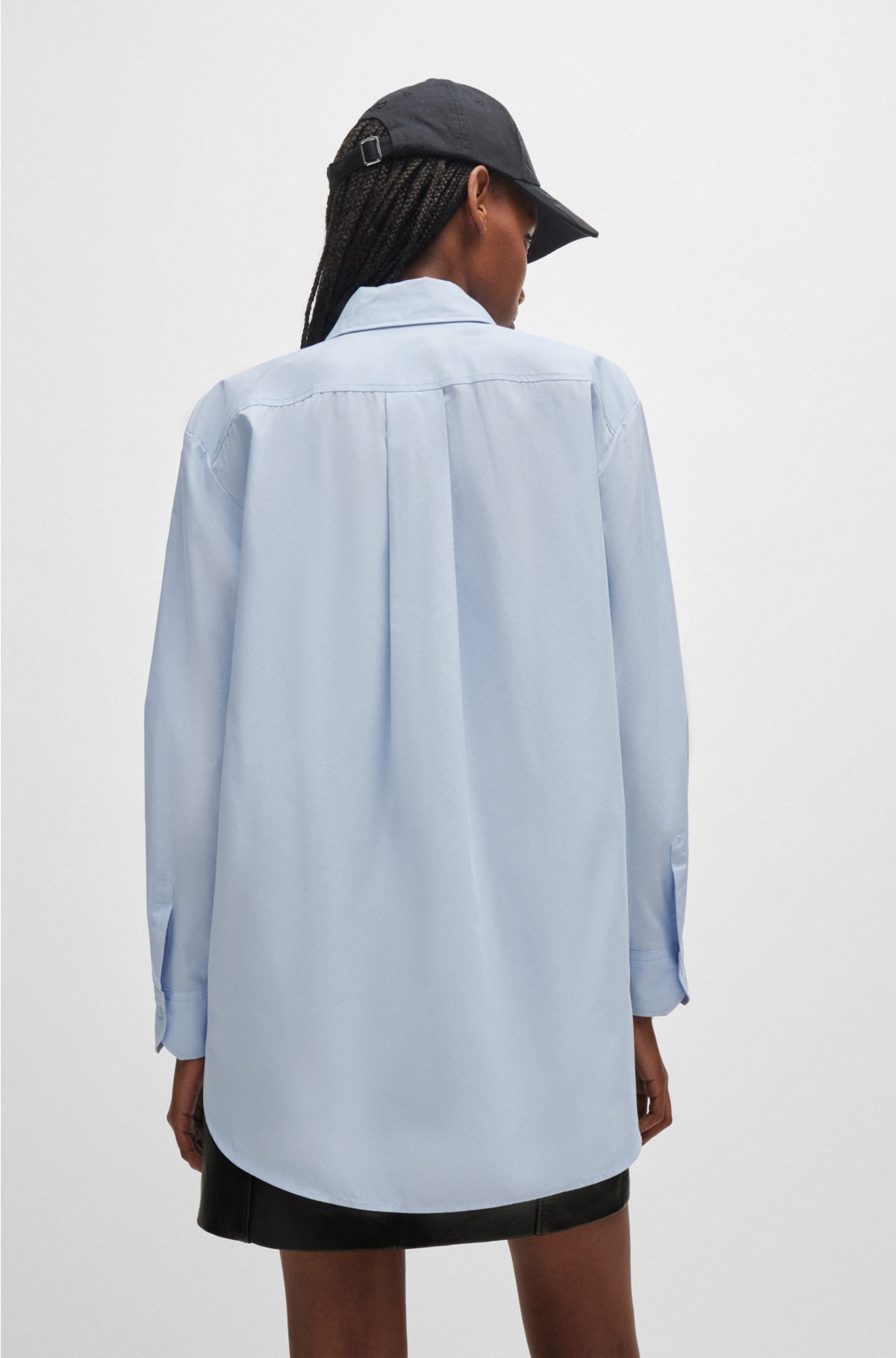 Oversized-fit blouse in cotton canvas with point collar, Light Blue