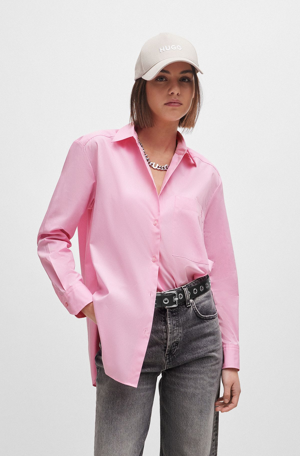 Oversized-fit blouse in cotton canvas with point collar, Pink