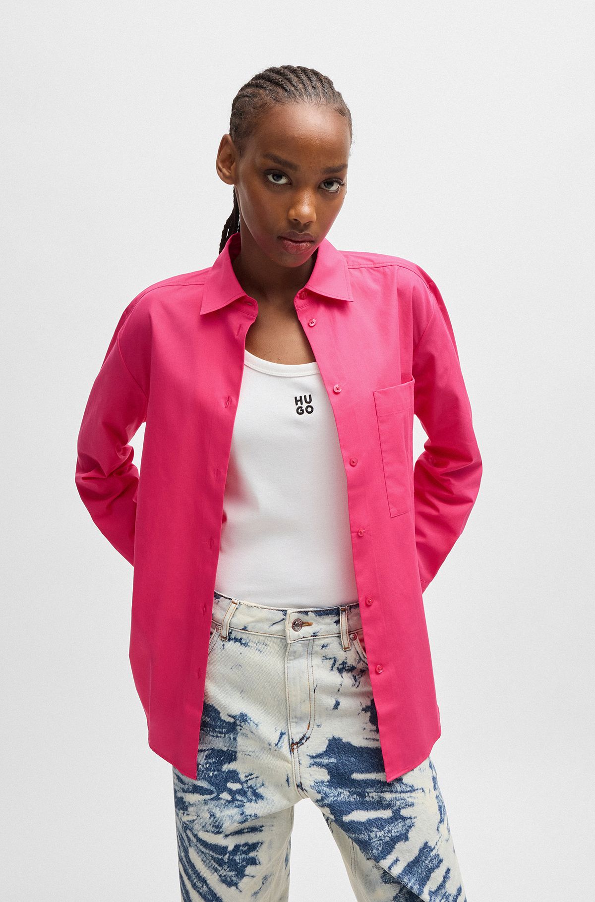 Oversized-fit blouse in cotton canvas with point collar, Pink