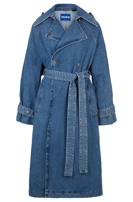 Trench coat in blue denim with branded trims, Blue