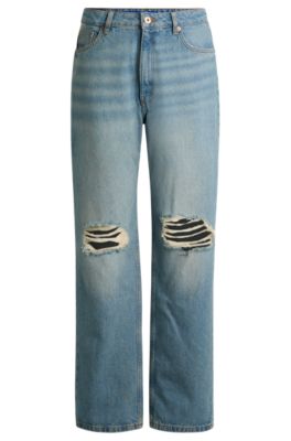 HUGO - Straight-fit jeans in aqua denim with ripped knees
