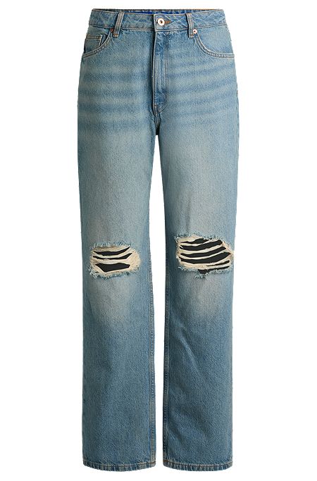 Straight-fit jeans in aqua denim with ripped knees, Turquoise