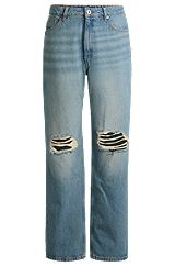 Straight-fit jeans met gescheurde knieën van aquablauw denim, Turkoois