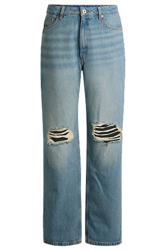 Straight-fit jeans met gescheurde knieën van aquablauw denim, Turkoois