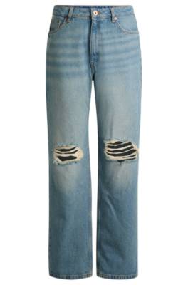 Hugo Straight-fit Jeans In Aqua Denim With Ripped Knees In Blue