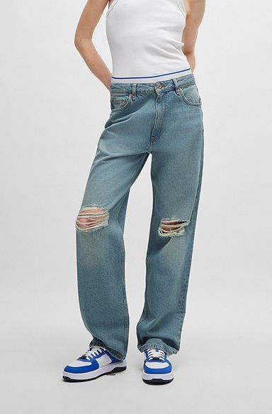 Straight-fit jeans in aqua denim with ripped knees, Blue