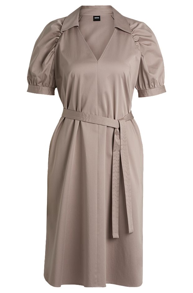 Patterned stretch-cotton dress with cut-out neckline, Light Beige