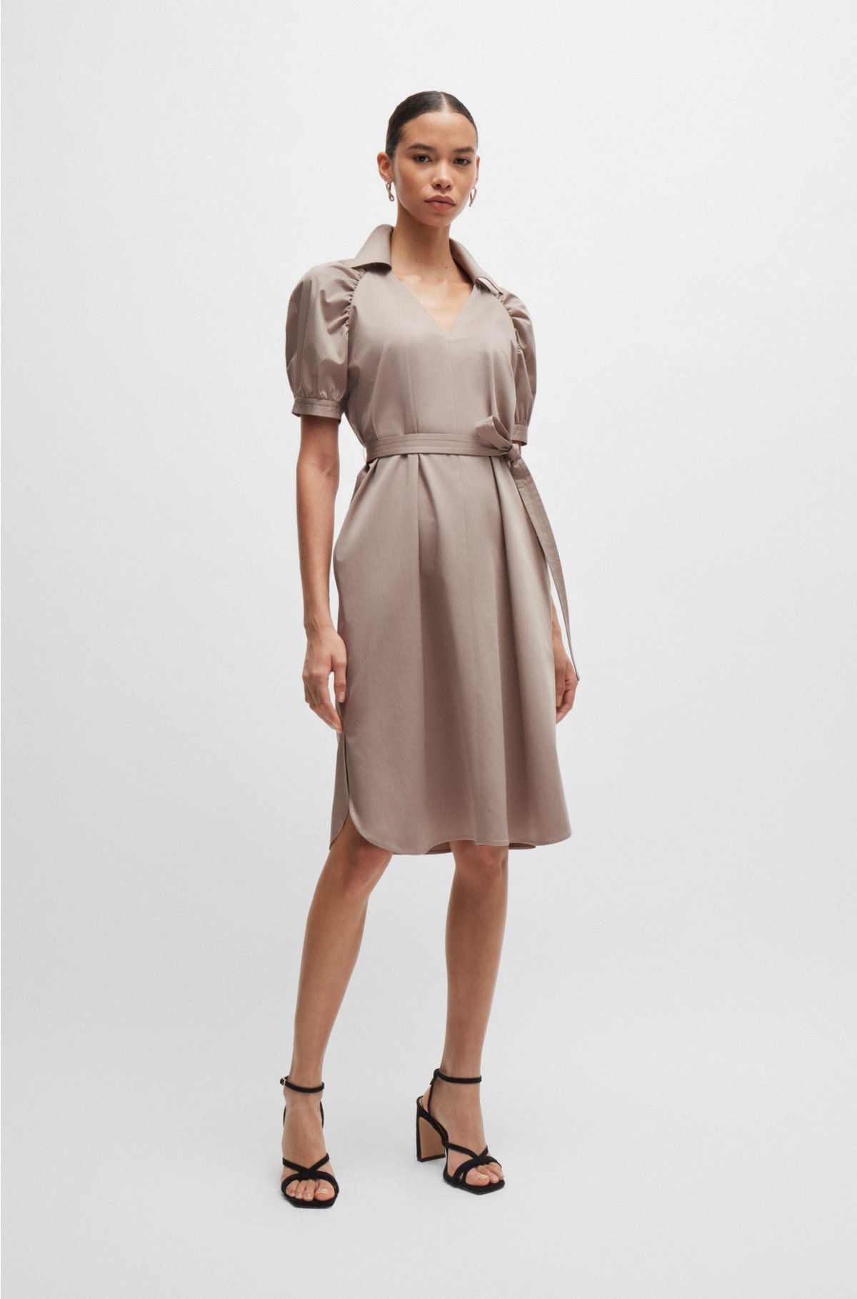 Patterned stretch-cotton dress with cut-out neckline, Light Beige