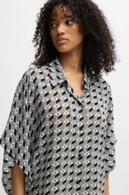 Short-sleeved beach dress with all-over logo print, Black Patterned