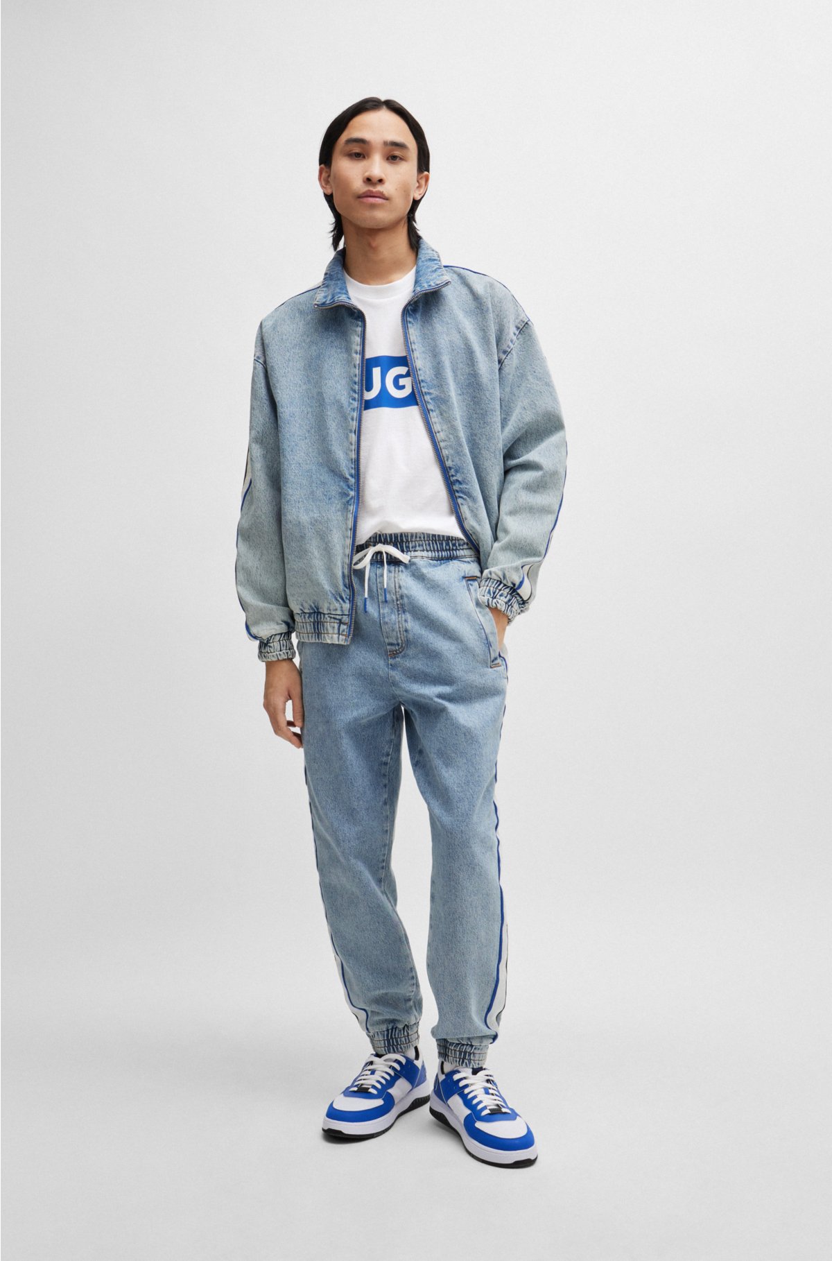 HUGO - Zip-up jacket in light-blue washed denim