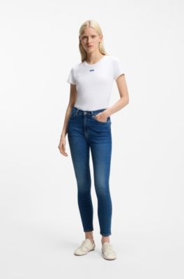 Skinny jeans i mellembl&aring; denim med str&aelig;k, Bl&aring;