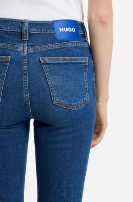 Skinny jeans i mellembl&aring; denim med str&aelig;k, Bl&aring;
