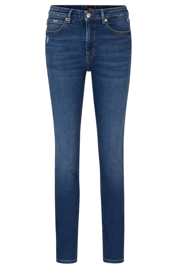 Blaue Jeans aus Stretch-Denim im Used-Look, Dunkelblau