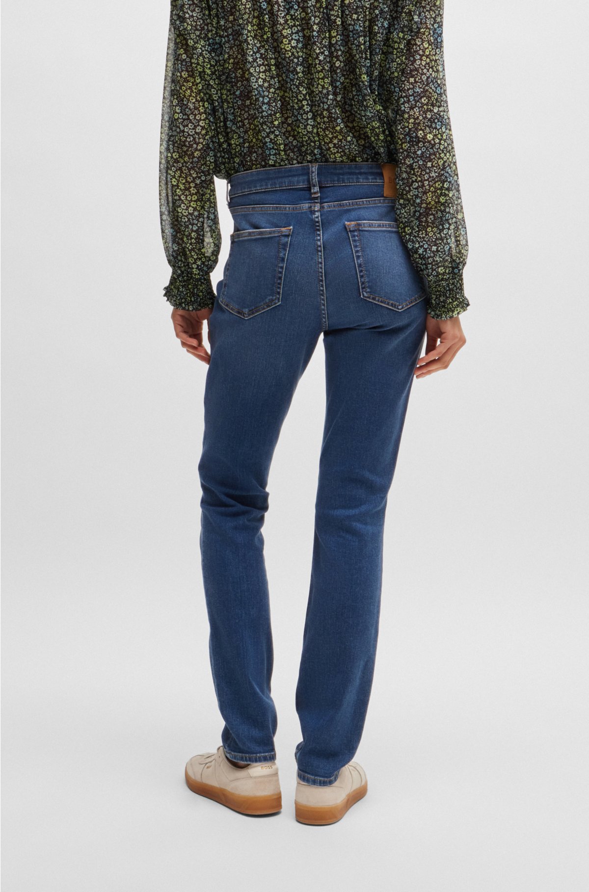 Blue stretch-denim jeans with abrasions, Dark Blue