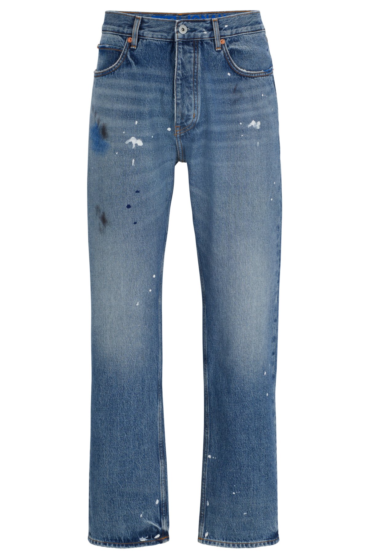 Regular-fit jeans in mid-blue paint-splashed denim, Blue