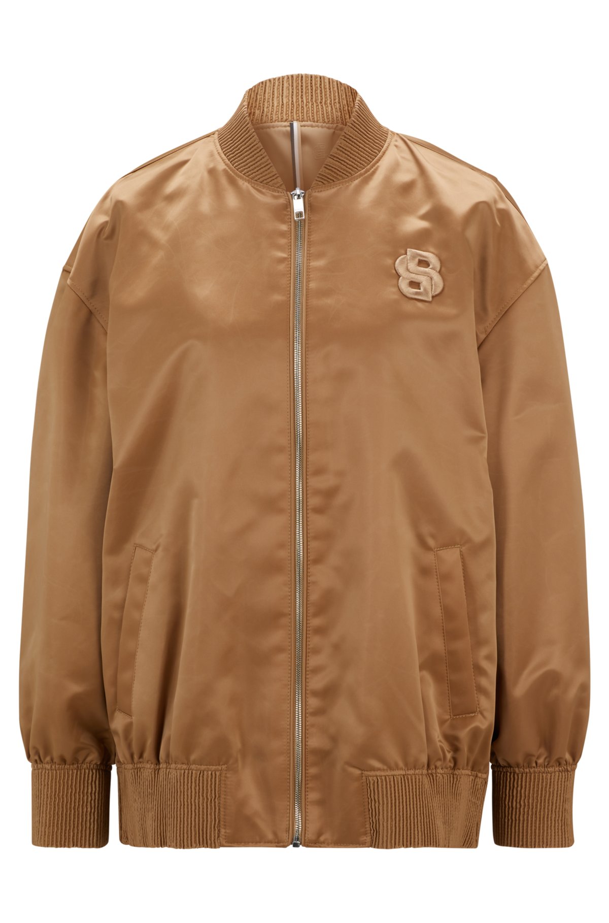 Sateen bomber jacket with double monogram embroidery, Brown