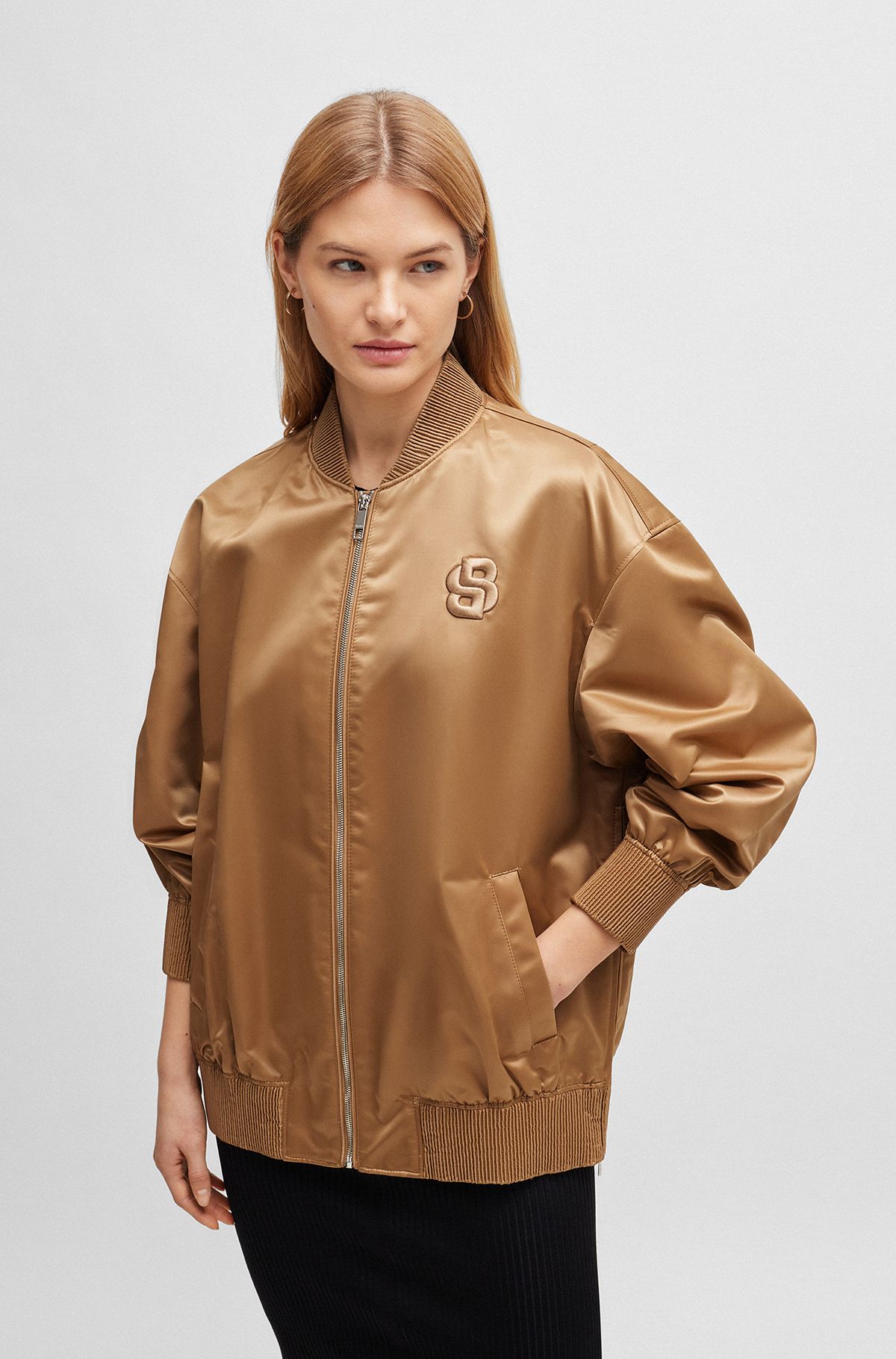 Sateen bomber jacket with double monogram embroidery, Brown