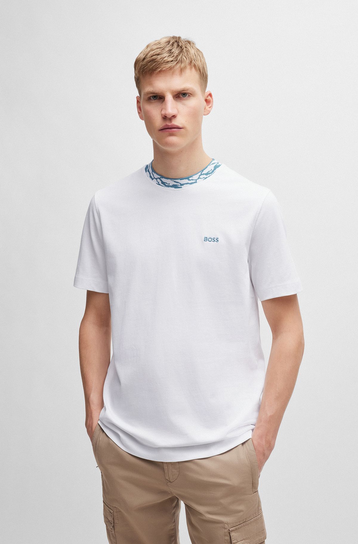 Cotton-jersey regular-fit T-shirt with patterned collar, White