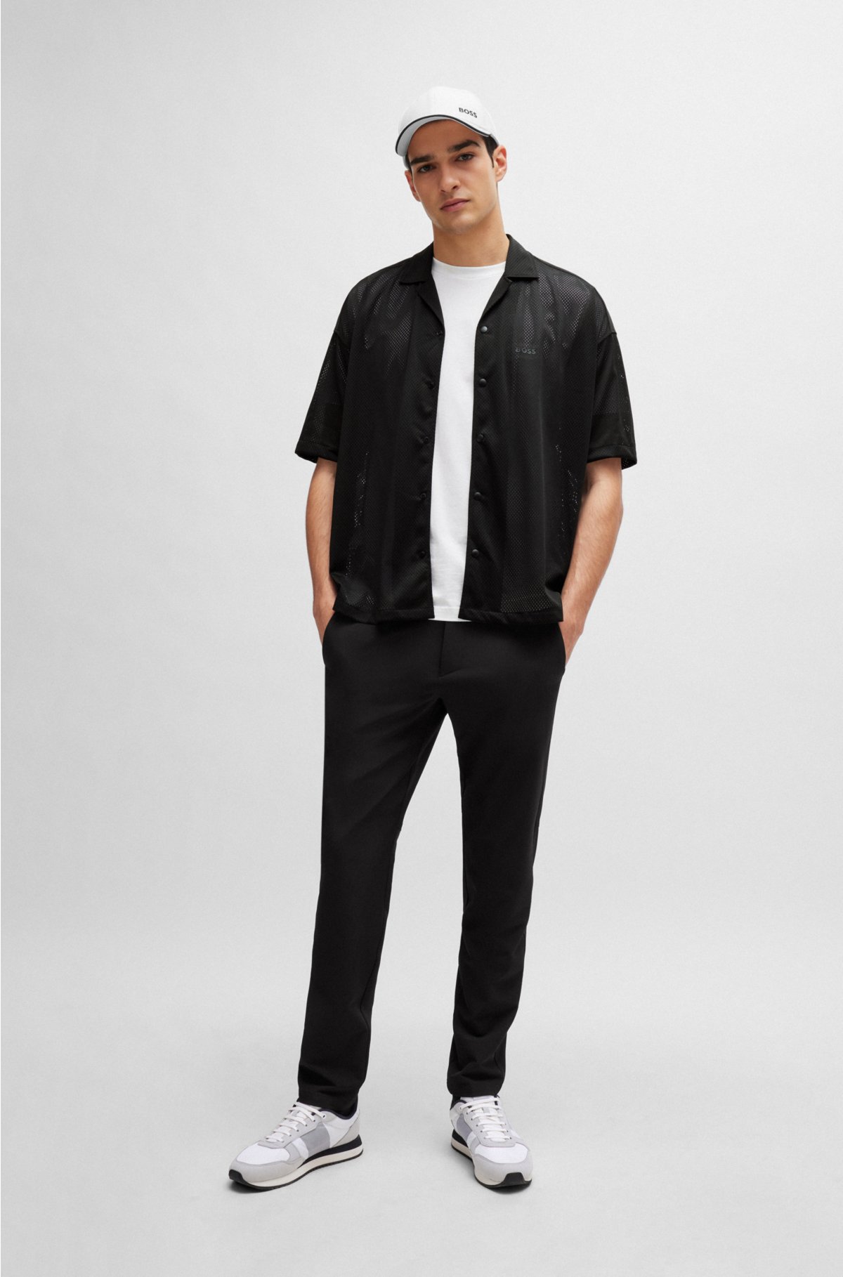 Relaxed-fit shirt in jersey mesh with camp collar, Black