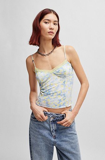 Lace-trim vest top with stacked-logo detail, Blue Patterned