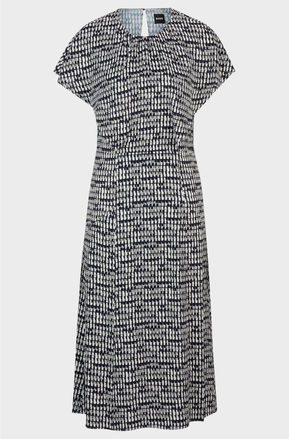 Short-sleeved dress in abstract-patterned fabric, Patterned