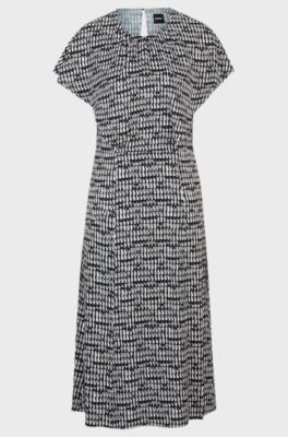 Short-sleeved dress in abstract-patterned fabric, Patterned