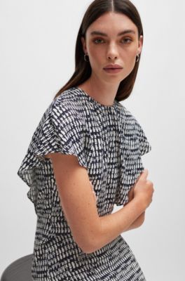 Short-sleeved dress in abstract-patterned fabric, Patterned