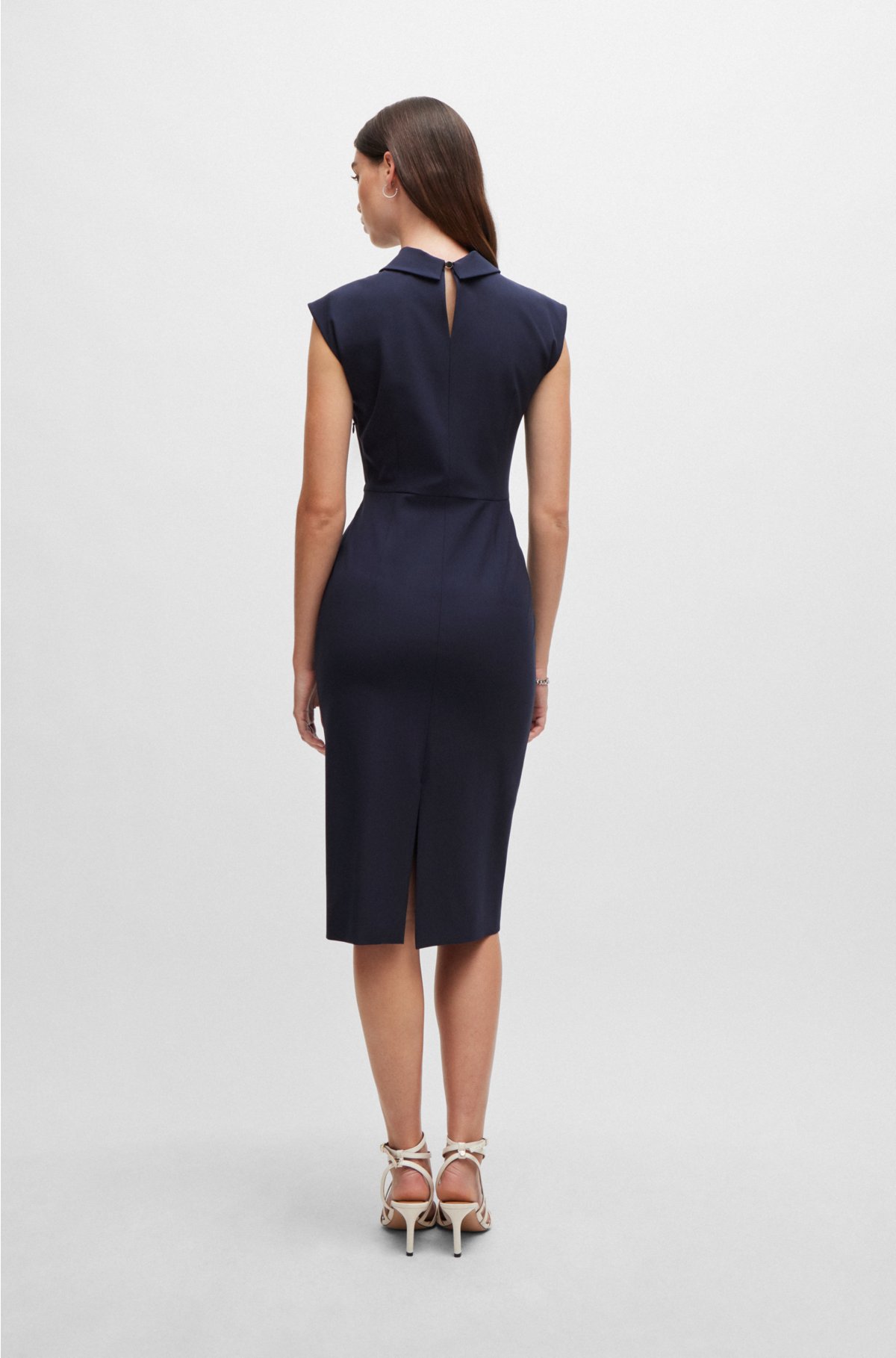 Sleeveless dress in stretch fabric with collar detail, Dark Blue