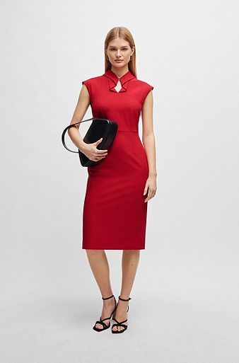 Sleeveless dress in stretch fabric with collar detail, Red
