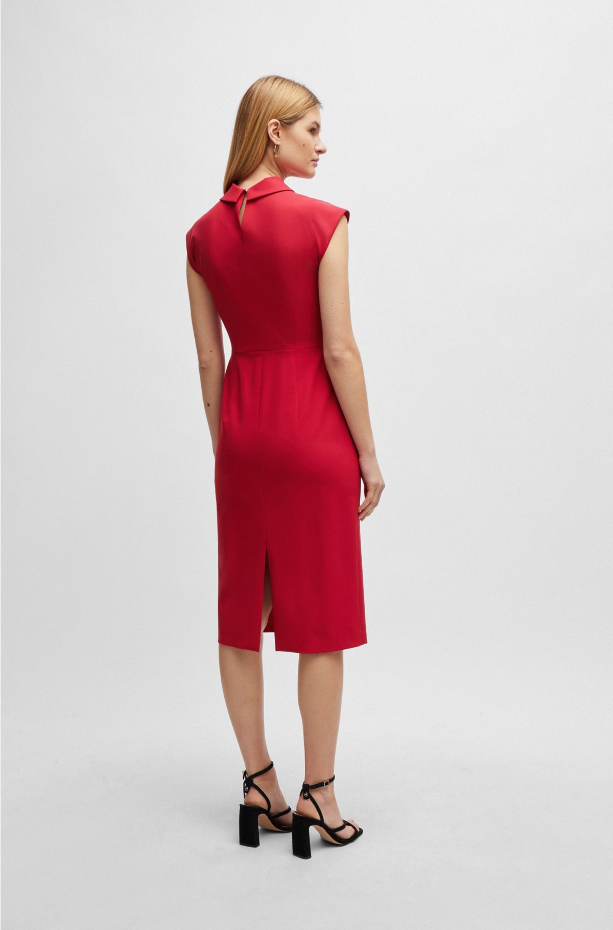 Sleeveless dress in stretch fabric with collar detail, Red
