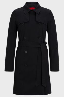 Belted trench coat in stretch cotton, Black