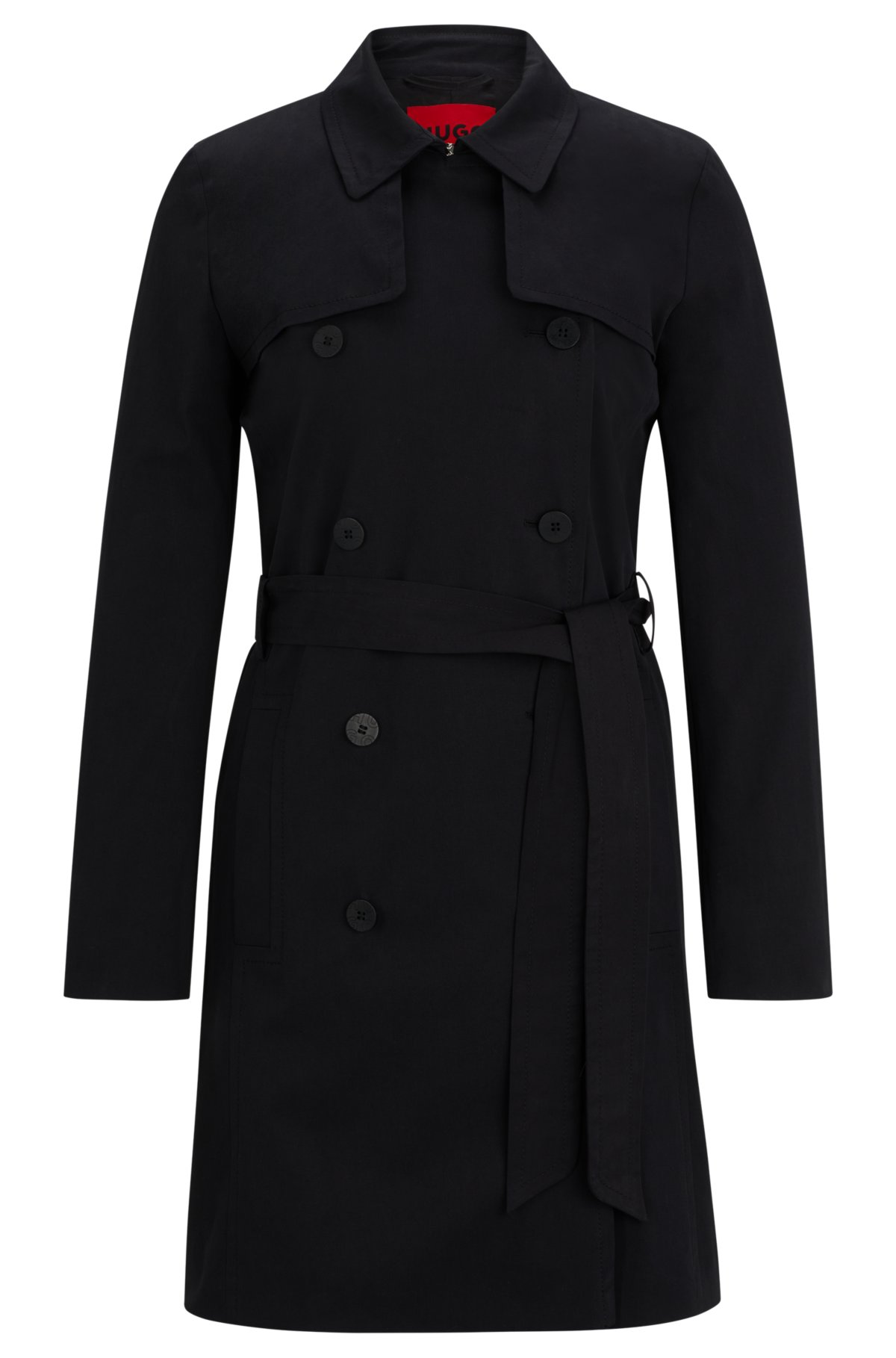 Belted trench coat in stretch cotton, Black