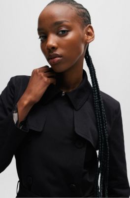 Belted trench coat in stretch cotton, Black