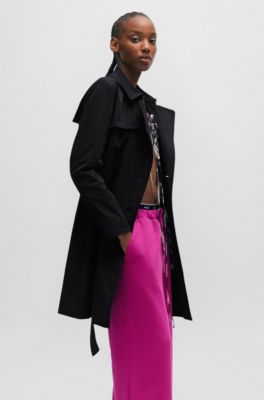 Belted trench coat in stretch cotton, Black