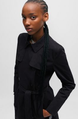 Belted trench coat in stretch cotton, Black