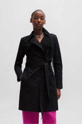 Belted trench coat in stretch cotton, Black