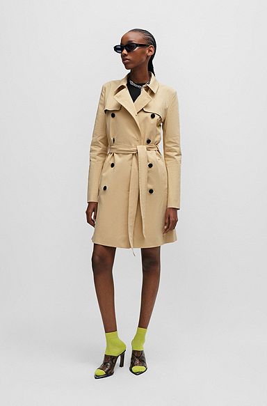 Belted trench coat in stretch cotton, Light Beige